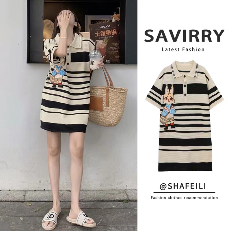 Versatile Maternity Slimming French-Style Ice Silk Elegant High-End Striped Polo Dress for Pear-Shaped Body Versatile Maternity Slimming French-Style Ice Silk Elegant High-End Striped Polo Dress for Pear-Shaped Body