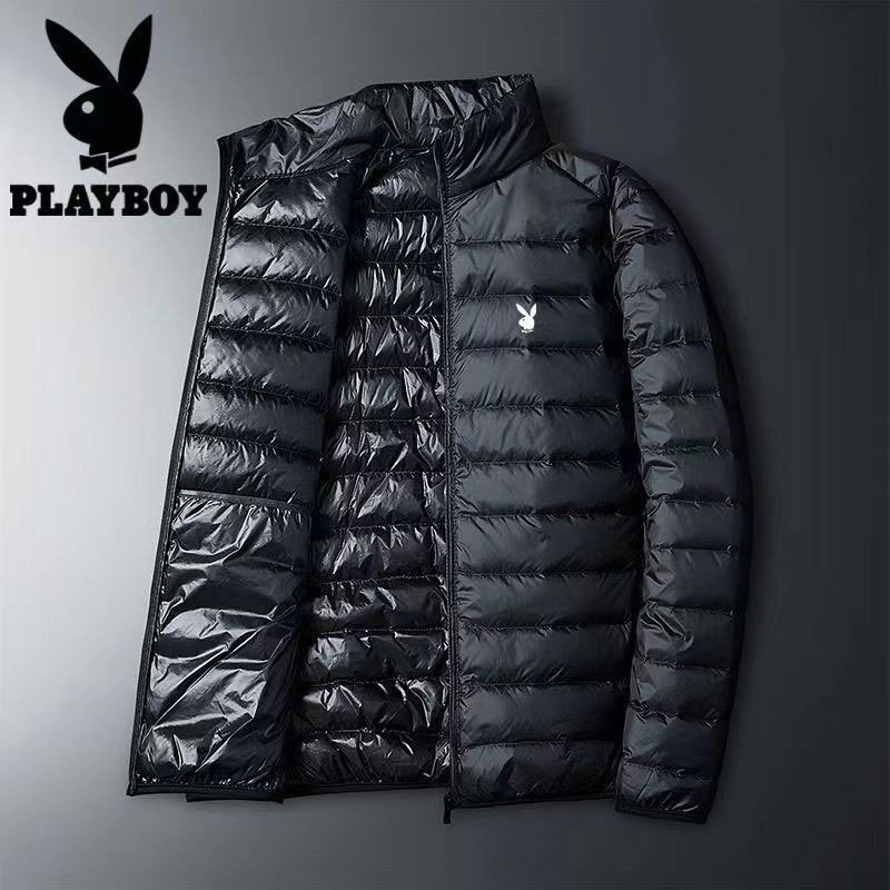 Playboy Men's Lightweight down Jacket Short Stand Collar Hooded Korean Style Trendy Plus Size Warm Winter Coat for Men