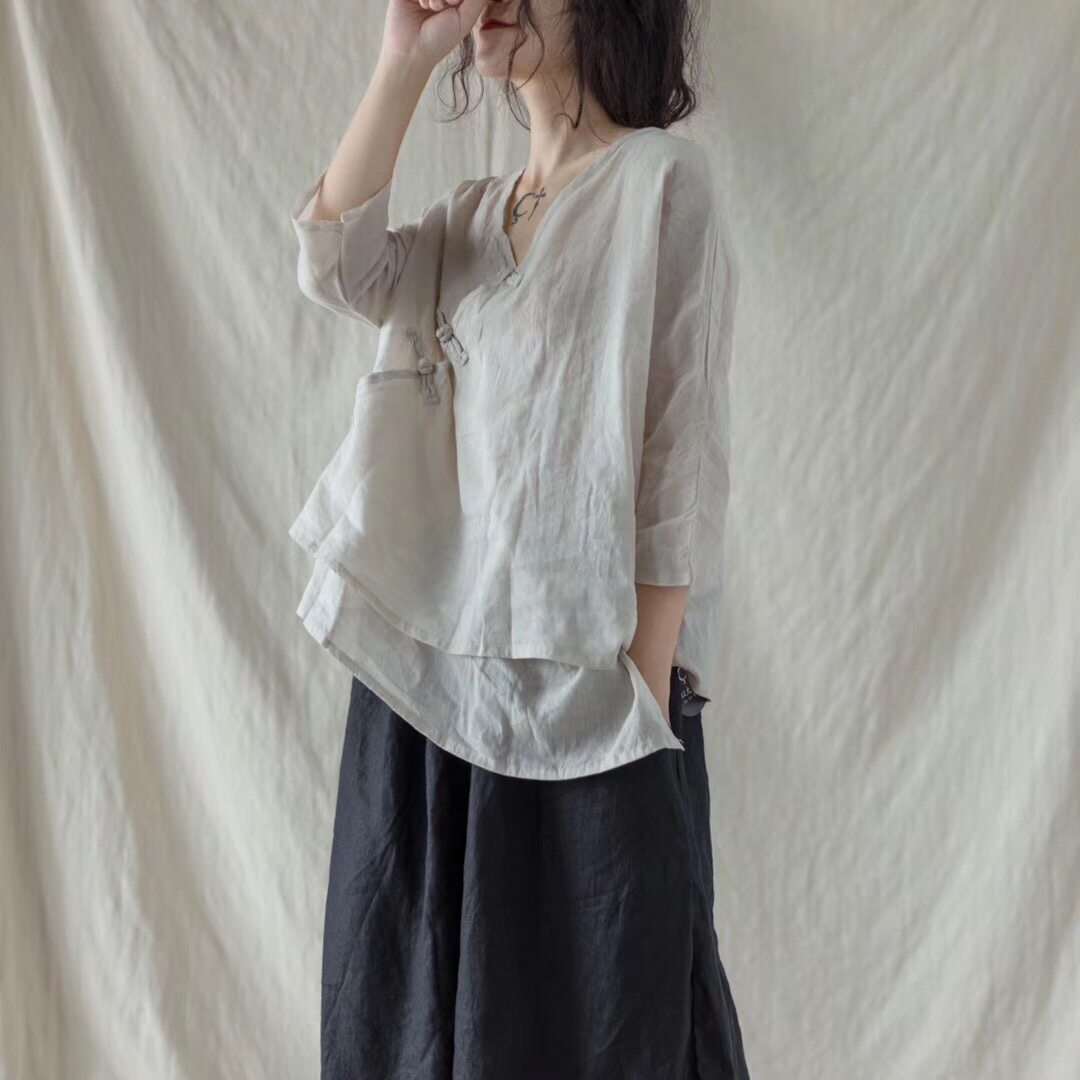 Summer shirt Chinese style tea clothes blouses for blouses Hemp Small Shirts Improved Hanfu Slanted Flap Disc Buckle Retro Art Linen Dress-Taobao