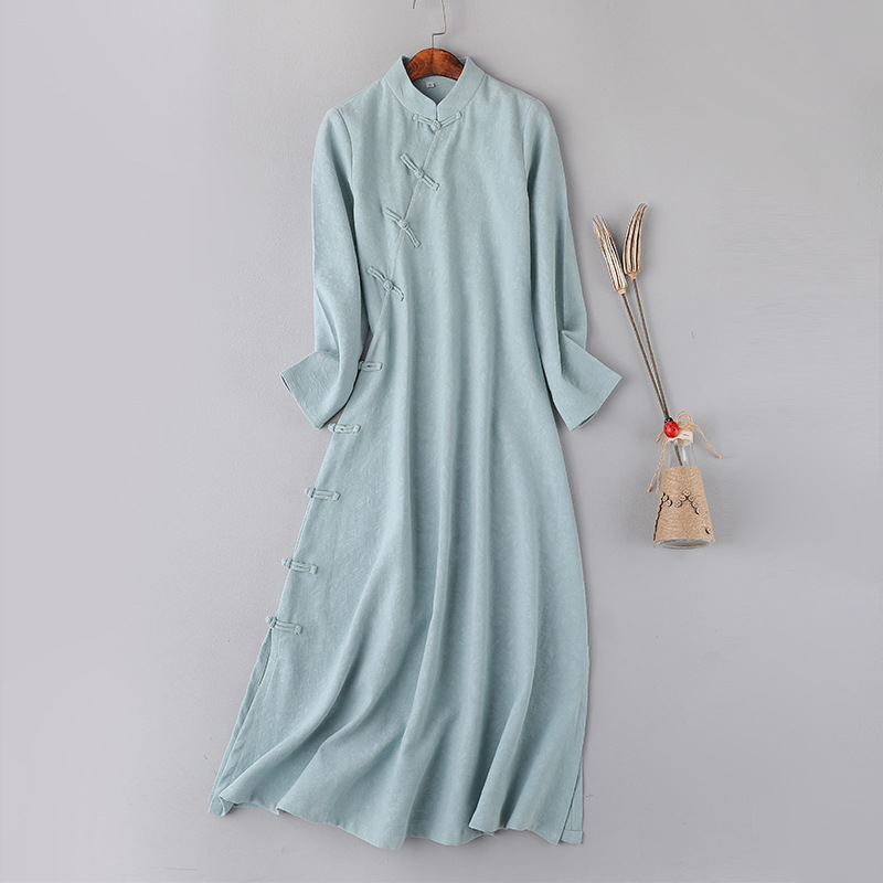 Republic Of Republic Wind Cotton Hemp Improved Qipao Style Tea Suit Women's Gowns College Art Retro Disc Button Linen Zen