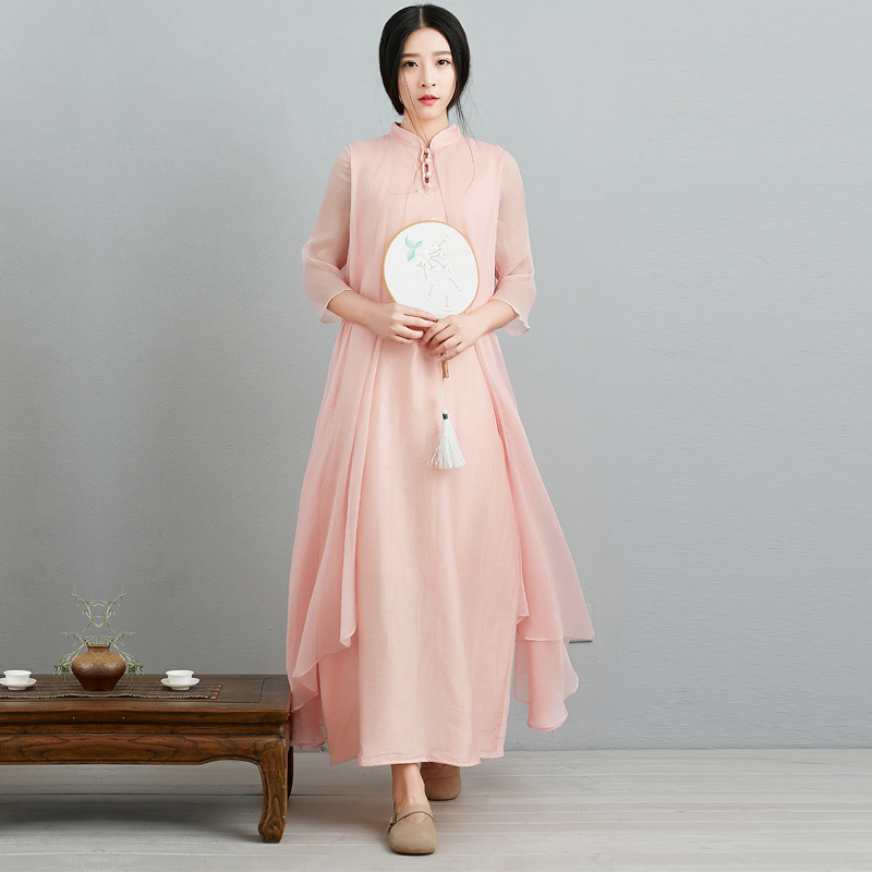 Real Silk Spring Summer Dress New Zen Woman Dress Chinese National Wind Foreign Dress Fake Two Retro Art Tea Art Costumes