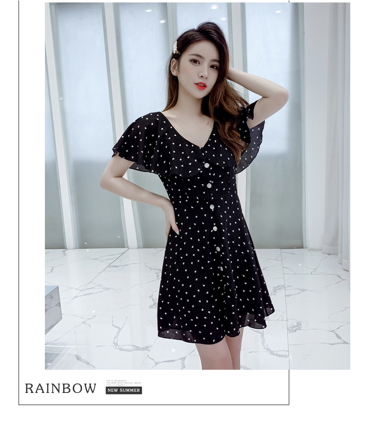 VK旗艦店 韓系V領荷葉邊波點修身顯瘦雪紡短袖洋裝