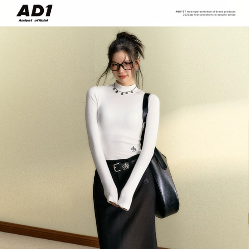 ANDYET AD1 Оригинальная многоцветная утепленный лонгслив, облегающий крой, с вышивкой, высокий воротник