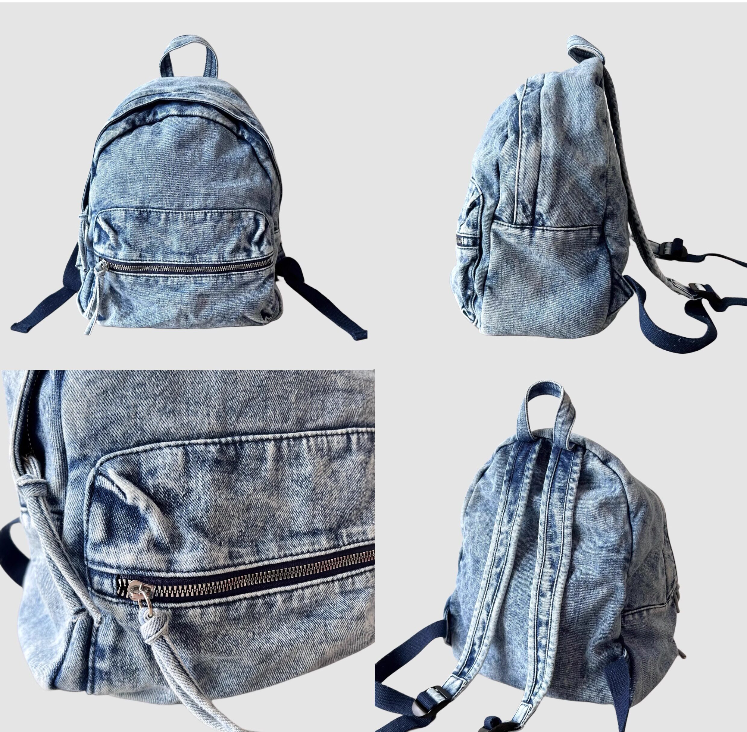 BINGBONG Washed Denim Blue Zip-Top Backpack