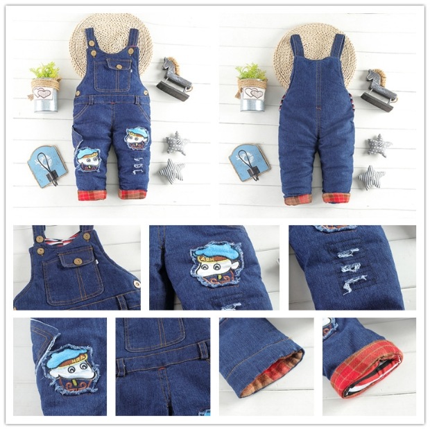 Quần denim bé trai mùa đông và bé gái mặc quần bé cotton dày 1-2-3 tuổi bộ quần áo liền thân
