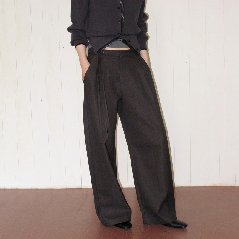 「Nia Same Style」Not Ugly 26Fw Dark Purple Ribbon Elastic Drawstring Loose Straight Casual Pants