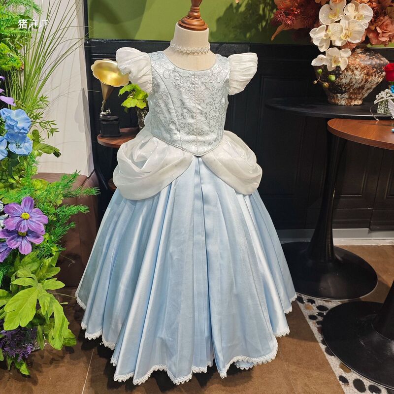 Collector's Edition Cinderella Girls' Princess Dress Summer Blue Cinderella Puff Sleeve Dress Embroidered Birthday Dress