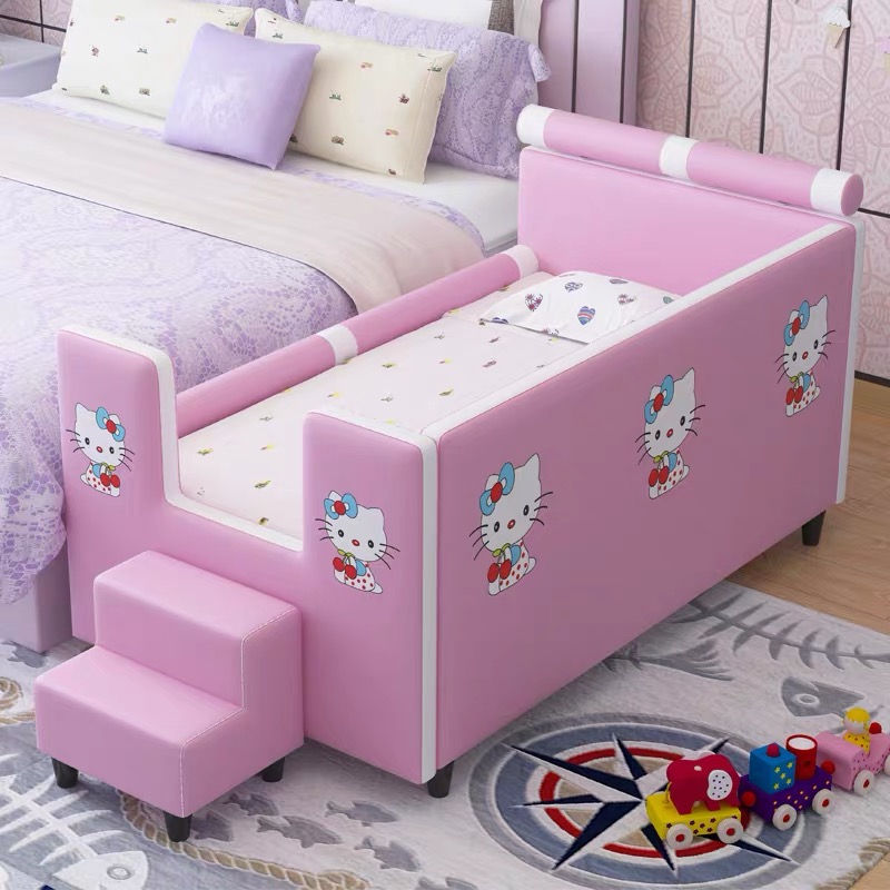 Creative children's bed leather bed with guardrail boy girl powder baby stitching bed solid wood widening baby cot bed
