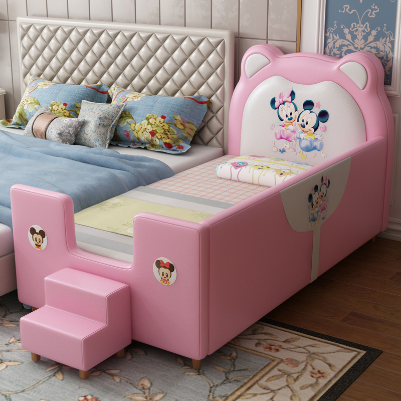 Light luxury children's stitching bed princess bedside bed widened bed with guardrail second child stitching big bed baby storage bed