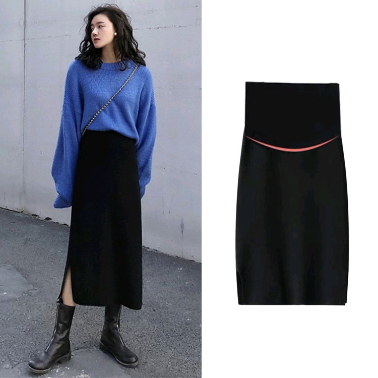 Autumn Winter Knit Pregnant Woman Half Body Dress Hip Skirt Net Red Pregnant Woman Nepotism Baby Dress Spring Autumn Medium Long Version Of the Abdominal Open Fork Step Skirt