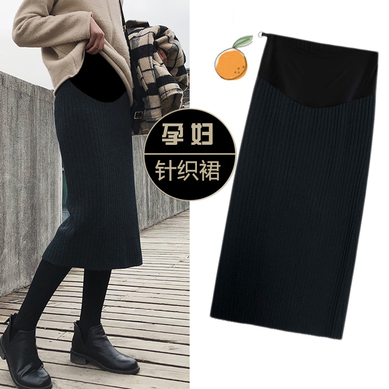 Pregnant Woman Half Body Dress Autumn Winter Exterior Wearing Korean version Fashion open fork in long version Knitted Half Body Dress 100 Hitch Pregnant Woman's Abdominal Dress