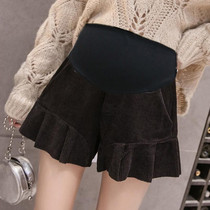 Pregnant womens shorts autumn and winter wear woolen pleated sides loose thin a-shaped wide leg pants tide mother belly short pants tide