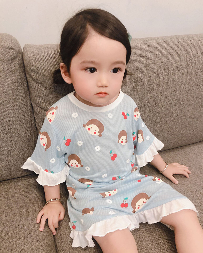 Baby cartoon nightgown Girls lace printed nightgown Mother and daughter home clothes thin air-conditioning clothes Parent-child clothing anti-kick quilt
