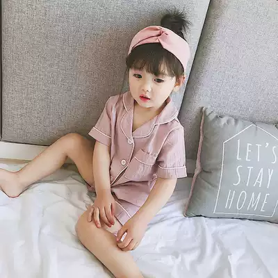 Summer children's pajamas boys and girls cotton home clothing set baby cotton linen air conditioning clothing cotton short sleeve thin summer