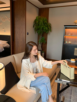 K elder sister (acetic acid short windbreaker) 230g acetic acid elastic hemp lapel collar double breasted windbreaker coat coat women