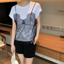 K elder sister (lace beauty) liquid ammonia cotton fake two pieces of lace suspender Joker short sleeve T-shirt female