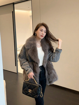 K sister (fox fur cowboy) fox fur big lapel stitching denim fur coat woman