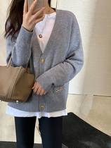 K sister small gold buckle cardigan 26 all wool V collar single-breasted solid color knitted cardigan women