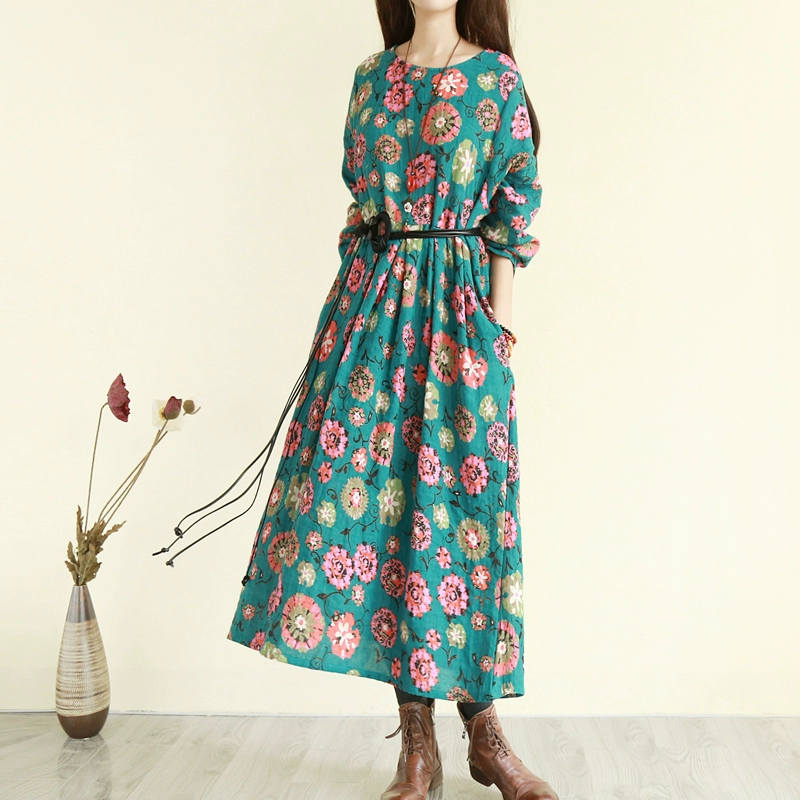 Retro văn học in cotton và vải lanh váy mùa xuân dài phần trên đầu gối cao eo tính khí váy dài lỏng lẻo váy - Váy eo cao