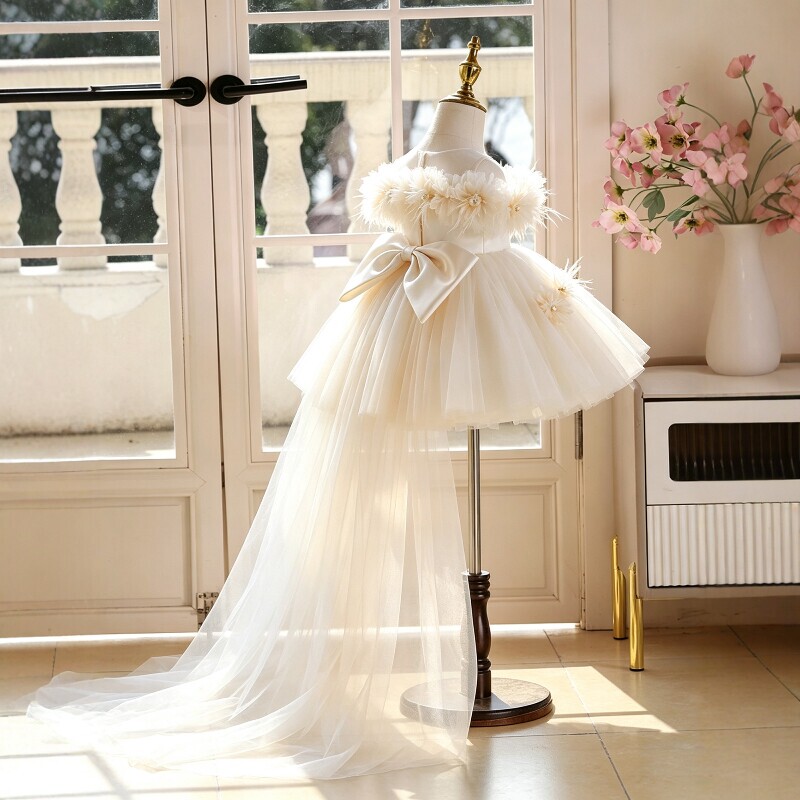 Girls' One-Year-Old Birthday Dress, Hostess Flower Girl Wedding Runway Show Trailing Tulle Skirt, Children's High-End Light Luxury Girls' One-Year-Old Birthday Dress, Hostess Flower Girl Wedding Runway Show Trailing Tulle Skirt, Children's High-End Light Luxury
