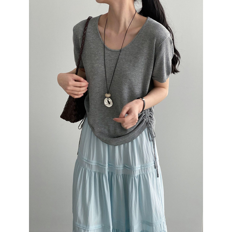 Korean-Style Drawstring Linen Lyocell Waist-Cinching T-Shirt for Women, Comfortable, Slimming, Unique Design Top G6895