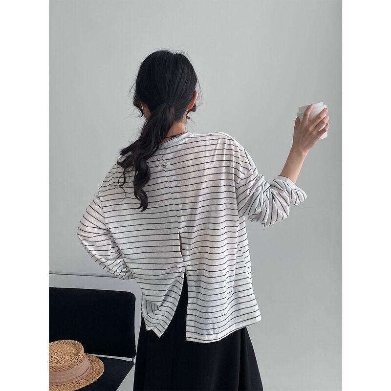 That's the Lazy Blouse~ Korean-Style Comfortable and Relaxed Striped Sun-Protective Blouse for Women with Back Slit and Color-Blocking T-Shirt E9516