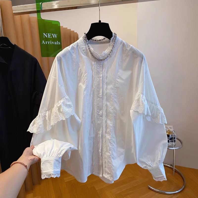 Lace Trim Patchwork White Shirt for Women, Long-Sleeved, 2026 Autumn New Style, Loose Stand-Up Collar, Lantern Sleeves, Ruffled Top