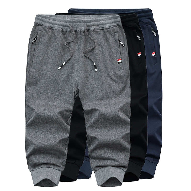 Men's Athletic Cropped Pants with Cuffs, Casual Mid-Length Pants, Pure Cotton Shorts, Slim Fit Tapered Pants with Stretch and Zipper Pockets