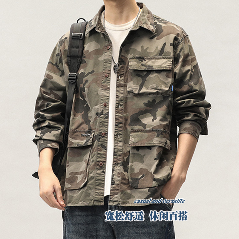Camouflage Jacket for Men, Spring and Autumn Style, Military-Style Denim Shirt, Trendy Brand, Loose Workwear, Long-Sleeved Top