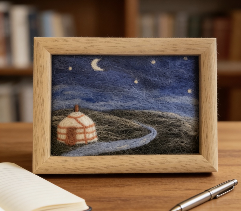 Original Handmade Wool Felt Poke Art, Night Scenery of Inner Mongolia Grassland, Yurt Photo Frame Finished Product