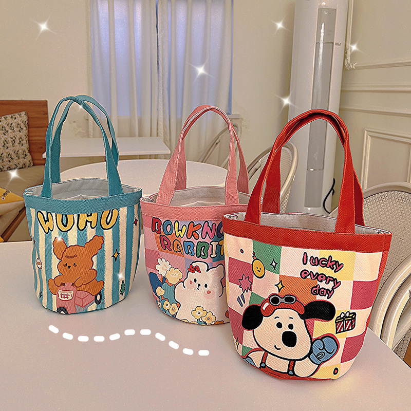 Cute Student Lunch Box Bag, Bucket Bag, ins Printed Cylindrical Canvas Small Bag, Portable Lunch Bag, Hand-Held Lunch Box Bag