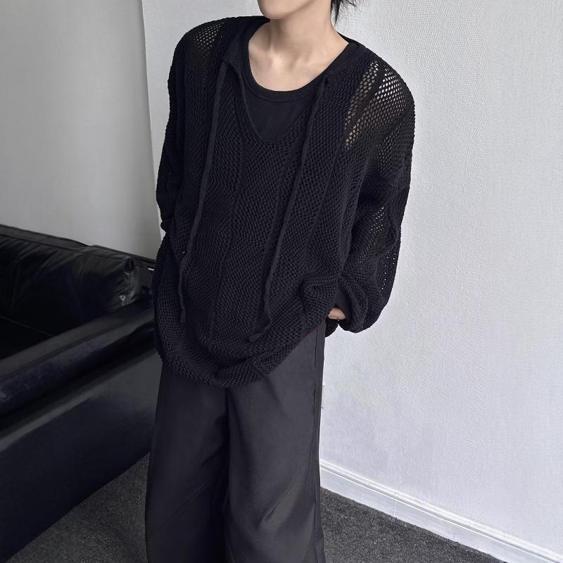 Niche Lazy Style Hollow-Out Long-Sleeve Knit Top for Men and Women, Korean-Style V-Neck with Drawstring, Loose and Relaxed Sun-Protective Top