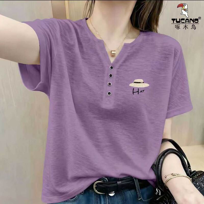 Woodpecker Bamboo Cotton Loose Slimming Short-Sleeve T-Shirt for Women, Stylish Base Shirt with Regular Shoulder V-Neck in Purple Half-Sleeve Top