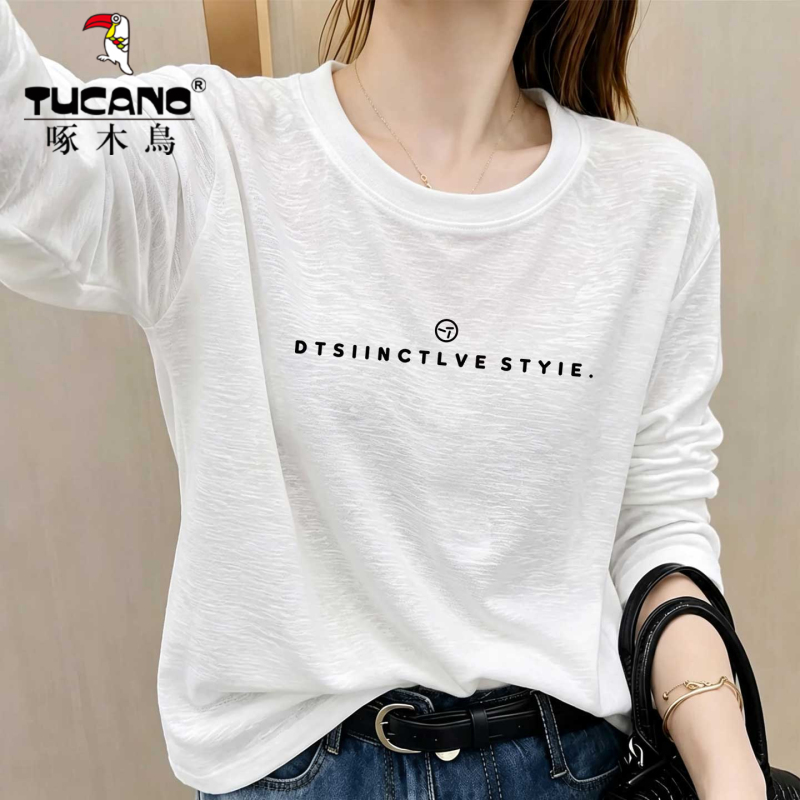 Woodpecker European-Style White Snowflake Cotton Base Shirt for Women 2026 Spring and Autumn New Loose Long-Sleeve T-Shirt Regular Shoulder Top