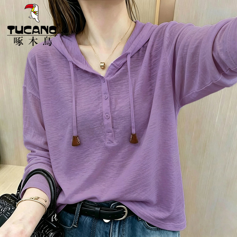 Woodpecker Casual Korean Style Bamboo Cotton Solid Color Hooded Long-Sleeve T-Shirt for Women, Age-Reducing, 2026 Spring and Autumn New Top Woodpecker Casual Korean Style Bamboo Cotton Solid Color Hooded Long-Sleeve T-Shirt for Women, Age-Reducing, 2026 Spring and Autumn New Top