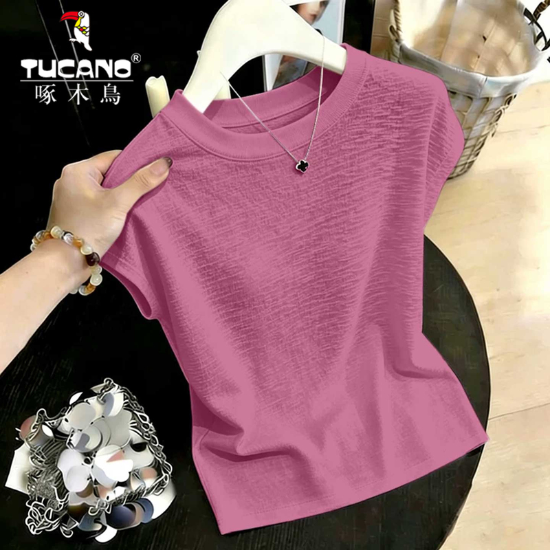 Woodpecker Bamboo Cotton Round Neck Short-Sleeved T-Shirt for Women, Niche Design, Loose, Fashionable, Stylish, Age-Reducing Top