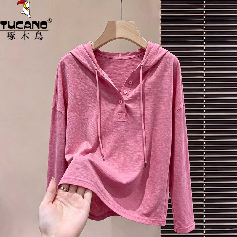 Woodpecker European-Style Rose Pink Bamboo Cotton Hooded Long-Sleeve T-Shirt for Women, Autumn Loose-Fit Base Layer Hoodie Top