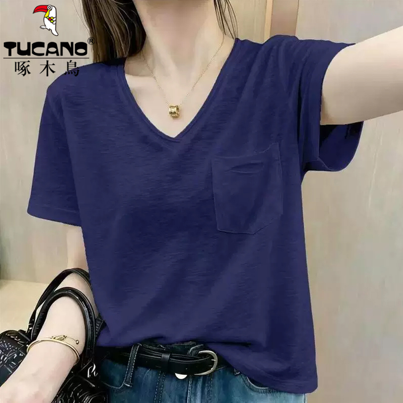 Woodpecker Pocket Design Navy Blue Short-Sleeve T-Shirt for Women, Summer Bamboo Cotton European Style Oversized High-End Top Woodpecker Pocket Design Navy Blue Short-Sleeve T-Shirt for Women, Summer Bamboo Cotton European Style Oversized High-End Top