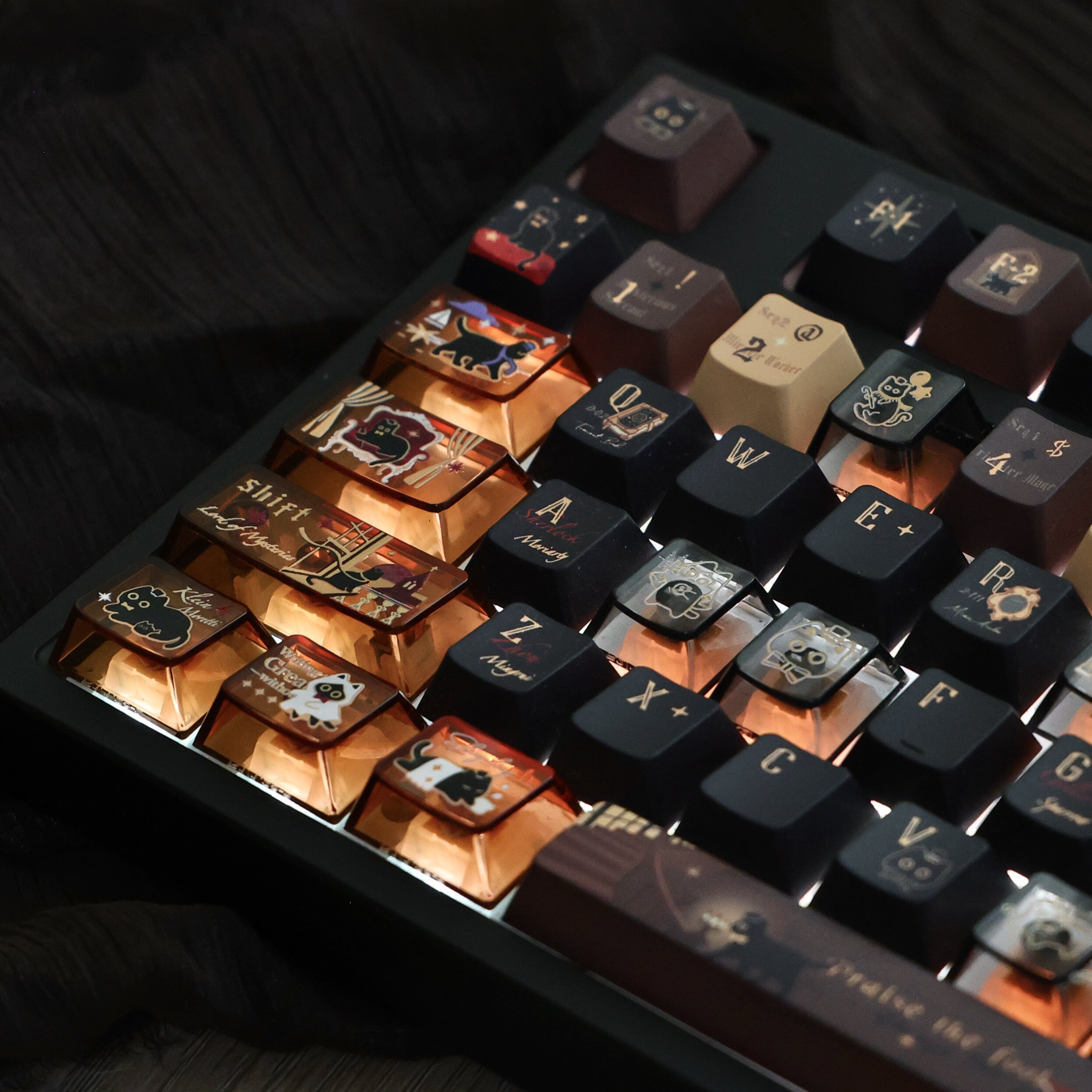 Transparent cat keycaps displayed on the right side of a keyboard