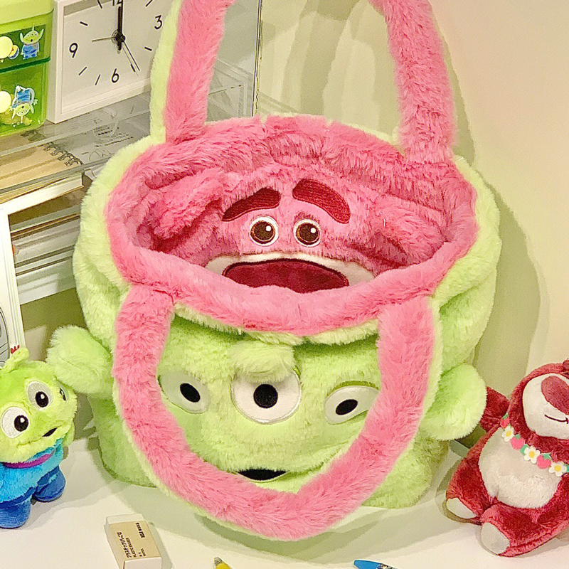 Cartoon Strawberry Bear Plush Flip Bag Double-Sided Bag for Girls Handbag Underarm Shoulder Bag