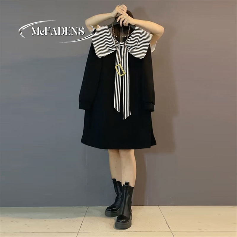 Hong Kong Plus-Size Women's Clothing New Fashion Korean Style Age-Reducing Body-Covering Base Dress Striped Doll Collar Sweatshirt Dress