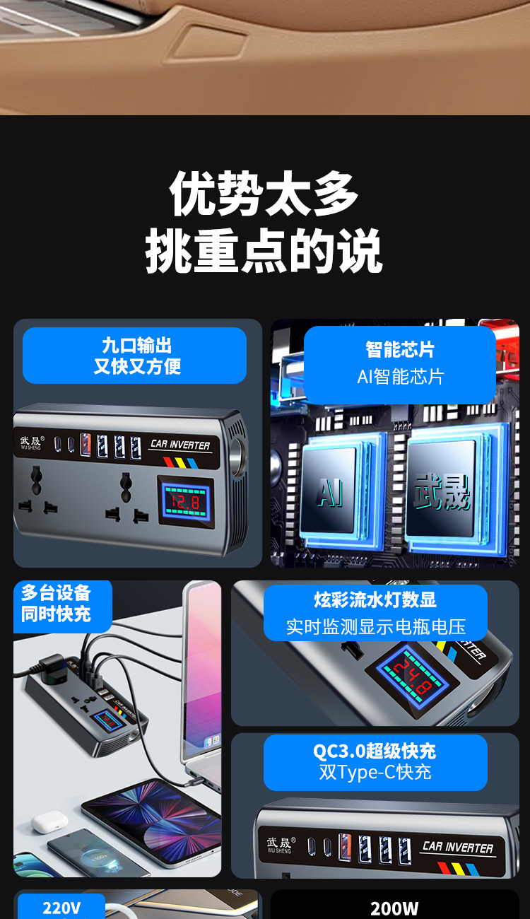 Car Inverter Converter 12V24V to 220V High-Power Multi-Function Charging Cigarette Lighter Fast Charging Source Socket
