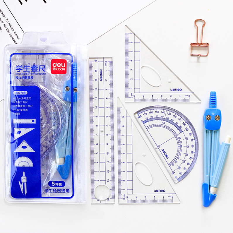 Deli ruler ruler triangle ruler Primary school stationery Korean simple grid ruler set ruler Multi-functional learning drawing drawing hand-drawn tool set Measuring transparent ruler 15cm protractor set ruler