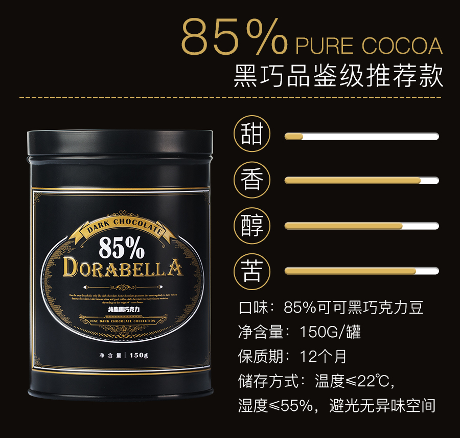 朵娜贝拉 纯可可脂 72%-100%纯黑巧克力豆 150g/罐 约150粒 图6