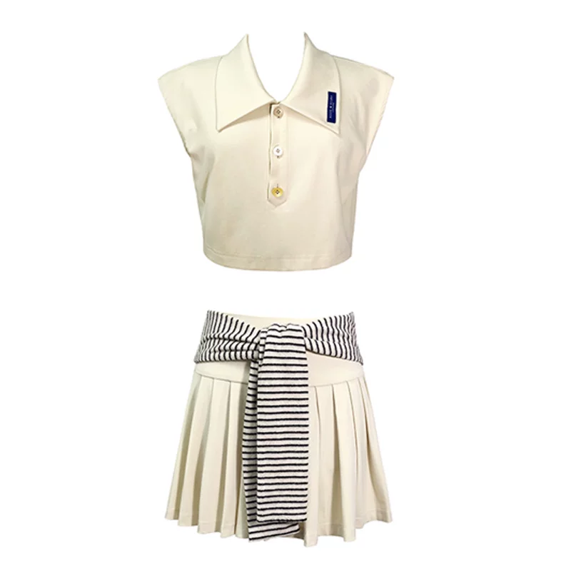 MOODxMIURA Apricot Candy Button Decorative Sleeveless Top Spliced Stripe Skirt for Women 2024 Summer New
