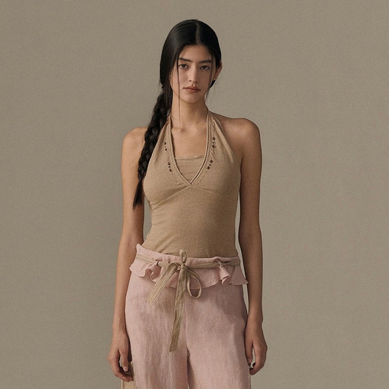 [in Stock] O Cloche Code Backless Halter Beaded Strap Simple Slim Linen Tank Top for Women 26 Summer