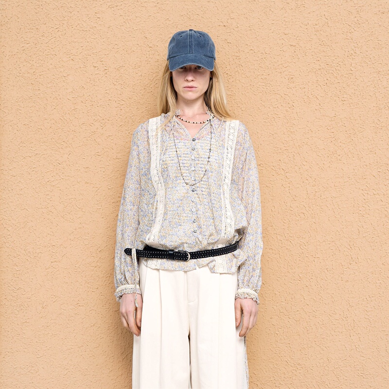 In Stock, Soleilsoleil Floral Lace Patchwork Long-Sleeved Blouse for Women, Unique Design Shirt, Summer 26 New Collection