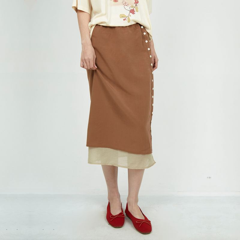 [in Stock/Same Style as Celebrities] Loge 32 Double-Layer Color-Block Mid-Length Skirt with Buttons Casual Long Skirt for Women New