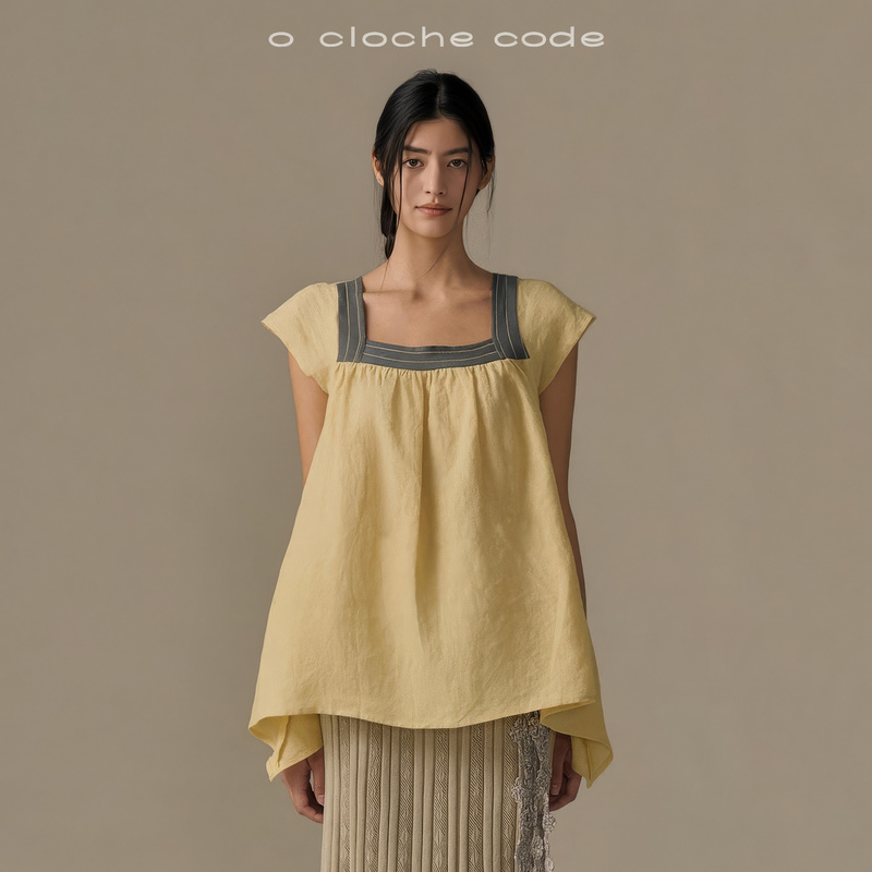 [in Stock] Teng Jie Yigenana Same Style O Cloche Code Lace-Up Flutter Sleeve Backless Square Neck Babydoll Top