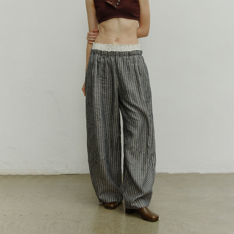 Yigenana Song Zuer's Same Style Square Circle Double Waistband Vertical Striped Wide-Leg Pants for Women in Summer